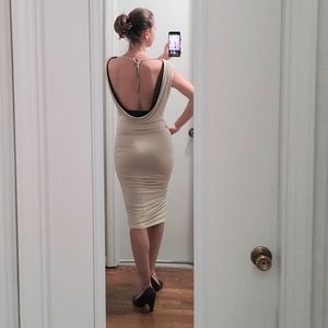 Designer open back, draped, reversible, pencil dress.